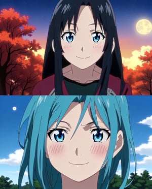 Fullmetal Alchemist Style,(anime screencap:1.5),(medium shot),1girl, Beatiful girl,very expressive face,(Closed mouth),smile,blushing,blue hair, blue eyes,[[black t-shirt]],8k,(best quality:1.5),Dark sky,Clouds covering the moon,dry trees 