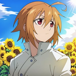 score_9,score_8,score_7,score_6,score_5,score_4,source_anime,fullmetal alchemist style,1girl,looking away,medium hair,ahoge,hair between eyes,orange hair,red eyes,breasts,sensei,white jacket,solo,blue sky,cloudy sky,sunflower field,sunflower background,sun rays,scenery