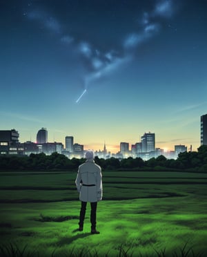 Fullmetal Alchemist Style,Fma Style,Anime Fma Style,anime screenshot,1boy,Short and spiky hair,White hair,white skin,red eyes,((Well detailed eyes)),white trench coat,black pants,black shoes,Night Landscape,City Landscape,city ​​behind him,fireflies,grass,8k,Very detailed,extremely detailed,High Quality,Best Quality,Full Quality,Full HD,Masterpiece,Perfect lineart,((Everything extremely detailed and perfect)),cinematographic image,cinematographic anime
