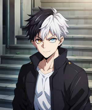 1boy,solo,looking at viewer,short hair,two-tone hair,split-color hair,black hair hair,white hair,heterochromia,two-tone eyes,left eye blue,right eye red,smile,closed mouth,shirt,long sleeves,black jacket,open clothes,white shirt,male focus,from above,stairs,pavement,rec frame:1.2,recording,anime_screencap,fake_screenshot,score_9,score_8_up, score_7_up, score_6_up, score_5_up,score_4_up,source_anime,fine anime screencap,style parody,official style,anime coloring