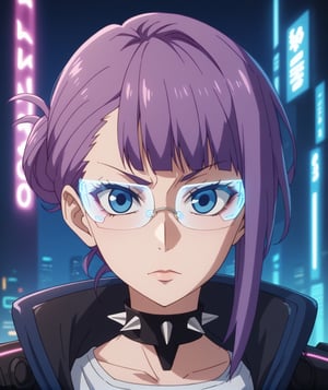 1girl,solo,upper body,looking at viewer,dark purple hair,blunt bangs,folded ponytail,blue eyes,glasses,futuristic glasses,cyberpunk glasses,led glasses,science fiction,english text,hologram,choker,collar,spikes,spiked collar,blue background,aesthetic,aesthetic atmosphere,pink contrast,neon lights,colorful,Anime_screencap,fake_screenshot,score_9,score_8_up, score_7_up, score_6_up, score_5_up,score_4_up,source_anime,fine anime screencap,style parody,official style,anime coloring