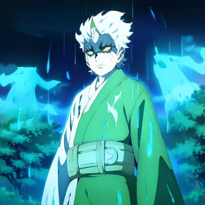 1boy,solo,male focus,Mitsuki,sage mode,short hair,floating hair,white hair,horn on forehead,pale skin,yellow eyes,facial mark,white and green kimono,wide sleeves,green belt,aqua aura,((medium shot)),rain,storm,dark sky,raindrops,konohavillage,konohagakure village,anime_screencap,fake_screenshot,score_9,score_8_up, score_7_up, score_6_up, score_5_up,score_4_up,source_anime,fine anime screencap,style parody,official style,anime coloring