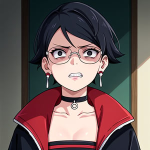 Sarada Uchiha,black hair,short hair,black eyes,glasses,earrings,choker,open jacket,upper body,disgusted face,shaded face,Anime_screencap,fake_screenshot,score_9,score_8_up,score_7_up, score_6_up, score_5_up,score_4_up,source_anime,fine anime screencap,style parody,official style,anime coloring