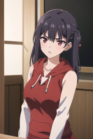 ((a girl with white skin and with red eyes)), ((dark purple hair tied in two pigtails)),((big breasts)),(((((She wears a red hoodie sleeveless, with white long sleeves under the hoodie)))),((red skirt))), (((black tights))), ((light red shoes)),[[expresive face]],[[High quality]],[[extremely detailed]],(((8k))),[[Master piece]],((illustration,masterful composition:1.1)), ((masterpiece,best quality:1.2)),(((highly detailed girl))),(((high detailed eyes and face))), ((intense color)),((perfect face)),((perfect hand))