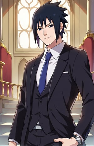 score_9,score_8,score_7,score_6,score_5,score_4,source_anime,(anime wallpaper:1.2),Sasuke Uchiha,solo,suit,Sasuke in a suit,black suit,elegant suit,jacket,blue tie,boutonniere,black hair, spiky hair, black eyes,closed mouth, smile,Wristwatch,castle inside background