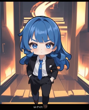 1girl, chibi Style,chibi,cute,kawaii,solo, long hair, looking at viewer, bangs, blue eyes, shirt, long sleeves,closed mouth, blue hair,curly hair,jacket, white shirt,necktie, shiny, collared shirt, pants, blunt bangs, shiny hair, black jacket, v-shaped eyebrows, dress shirt, floating hair, black pants, formal, suit, wing collar, sheath black necktie,pant suit,outdoor,elegant room,(fullbody),(absurdres:1.2), (wallpaper:1.1), Anime flat color, anime style, 2D, (dynamic light), (masterpiece:1.331), (highest resolution:1.2), (full quality), (Extremely beautiful and detailed:1.1), (8k, 4k, 2k), extremely detailed, CG, unity, finely detail, masterpiece, best quality, official art, extremely detailed CG unity 8k, best quality, High detailed