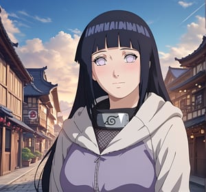 Hinata Hyuga,long hair,blunt bangs,dark blue hair,light eyes,forehead protector,konohagakure symbol,purple and white hooded jacket,blushing,village,ancient village,blue sky,clouds,soft light,cinematic light,32k,masterpiece,full quality,intricate,highest resolution,extremely detailed,finely detail,