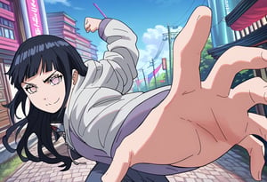 score_9,score_8_up, score_7_up, score_6_up, score_5_up,score_4_up,source_anime,fine anime screencap,style parody,official style,Visual Anime,anime_screencap,Hinata Hyuga,long hair,blunt bangs,dark blue hair,light eyes,forehead protector,konohagakure symbol,purple and white hooded jacket,fishnets,blue pants,IncrsPunchMeme,frown,smile,theet,looking at viewer,arm up,closed fist,incoming punch,konohagakure village /(background/)