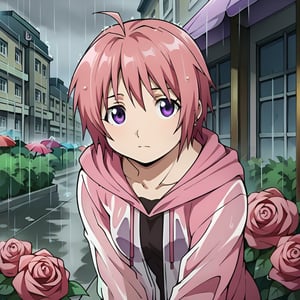 score_9,score_8,score_7,score_6,score_5,score_4,source_anime,fullmetal alchemist style,1girl,solo, looking at viewer,short hair,bangs,ahoge,pink hair,purple eyes,long sleeves,sitting,jacket,flower, hood,see-through,hoodie,leaning forward,rose, umbrella,hood down,pink jacket,transparent,raincoat,rain,raindrops,buildings,rainy sky,(anime wallpaper:1.2)