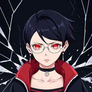 Sarada Uchiha,black hair,short hair,red eyes,glowing  eyes,glasses,earrings,choker,open jacket,shattered,crack,cracked skin,upper body,black background,Anime_screencap,fake_screenshot,score_9,score_8_up,score_7_up, score_6_up, score_5_up,score_4_up,source_anime,fine anime screencap,style parody,official style,anime coloring