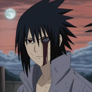 Sasuke Uchiha,1boy,solo,upperbody,look of contempt,black hair,heterochromia,sharingan in the left eye,red left eye,rinnegan in the right eye,purple right sclera,black hair, spicky hair,gray shirt with short sleeves,full moon,red Sky,big clouds,clouds covering the moon,looking at viewer,expressionless,closed mouth,dark night,blood on face,crows:1.2,flying crows,anime wallpaper,anime coloring 