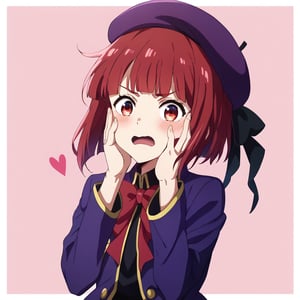 1girl,kanaschool,solo,looking at viewer,blush,embarrassed,short hair, open mouth, bangs, red eyes, long sleeves, hat, bow, jacket, heart, red hair, blunt bangs, red bow, black bow, beret, border, pink background, polka dot, white border, hands on own face, purple jacket, purple headwear, hands on own cheeks,anime_screencap,fake_screenshot,score_9,score_8_up, score_7_up, score_6_up, score_5_up,score_4_up,source_anime,fine anime screencap,style parody,official style,Visual Anime,anime coloring