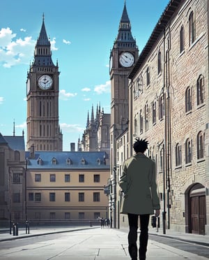 Fullmetal Alchemist Style,(focus boy:1),(from behind:1.5),boy protagonist,anime screenshot,(anime screencap:1.5)1boy,Short and spiky hair,black hair,white trench coat,black pants,Chain watch hanging from pants ,black shoes,((Behind him there is a clock tower)),Big Ben Tower,clock tower Landscape,8k,Very detailed,extremely detailed,High Quality,Best Quality,Full Quality,Full HD,Masterpiece,Perfect lineart,((Everything extremely detailed and perfect)),cinematographic image,cinematographic anime
