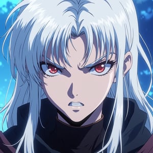 Imagine a digital anime style illustration depicting a close-up of a young woman with an intense expression. The woman has long, flowing, white hair that appears slightly disheveled, with strands framing her face. Her eyes are a striking, vivid red, adding to the dramatic effect of her expression, which is a mix of anger and determination. She has a thin, sharp nose and a slightly open mouth, revealing a set of small, white teeth. Her skin is pale, emphasizing her youthful appearance.

She is wearing a dark-colored, high-collared garment, possibly a hoodie or a cloak, with the dark fabric contrasting sharply against her light hair and skin. The background is a gradient of cool blue tones, with the lightest shades at the top and darker blues at the bottom, creating a sense of depth and focus on the subject. The lighting is dynamic, casting shadows that accentuate the contours of her face and hair, giving a three-dimensional effect to the illustration. The overall mood is intense and dynamic, capturing a moment of emotional depth and conflict.,egmid