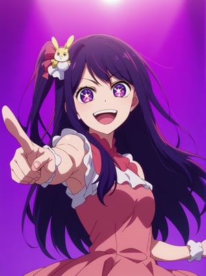 1girl,solo,looking at viewer,upper body,Ai Hoshino,Oshi No Ko /(series/),long hair,purple hair,purple eyes,spark pupils,furrowed eyebrows,>;D,smile,open mouth,((pointing at viewer)),rabbit hair ornament,star-shaped pupils,pink dress,sleeveless dress,pink gloves,holding microphone,dark purple background,spotlight,anime_screencap,fake_screenshot,score_9,score_8_up, score_7_up, score_6_up, score_5_up,score_4_up,source_anime,fine anime screencap,style parody,official style,anime coloring,AI HOSHINO