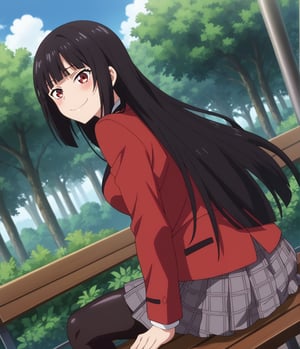 1girl,solo,sitting on a park bench,sitting,smile,blush,looking at viewer,dutch angle,from behind,jabami yumeko,long hair,hime cut,black hair,red eyes,school uniform,red jacket,long sleeves,white shirt,black ribbon,black skirt,plaid skirt, black pantyhose,anime_screencap,fake_screenshot,score_9,score_8_up, score_7_up, score_6_up, score_5_up,score_4_up,source_anime,fine anime screencap,style parody,official style,anime coloring