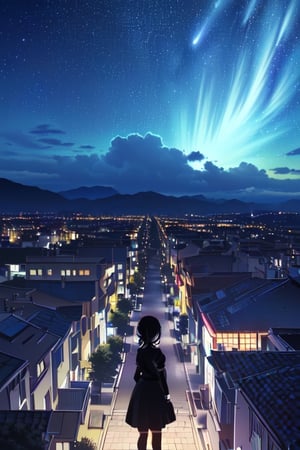 Focus Girl,(medium shot:1.2),(first plane),1girl,Looking at viewer,black hair,short straight hair,Blue eyes,black dress, Big breasts,long black fingerless gloves,Anime flat color,anime style,2D,(dynamic light),(masterpiece:1.331), (highest resolution:1.2), (full quality), (Extremely beautiful and detailed:1.1), (8k, 4k, 2k), extremely detailed, CG, unity,finely detail, masterpiece, best quality, official art,extremely detailed CG unity 8k,(best quality,High detailed ,Anime dark city,building,Night sky,kuchiki_rukia