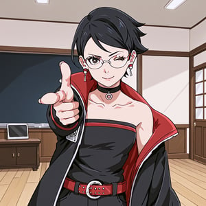 1girl,solo,beatiful girl,smile,one eye closed,Sarada Uchiha,black hair,short hair,black eyes,glasses,earrings,choker,open jacket,konohagakure symbol,strapless,red belt,black shorts,medium shot,finger gun,pointing at viewer,indoor,living room background,Anime_screencap,fake_screenshot,score_9,score_8_up,score_7_up, score_6_up, score_5_up,score_4_up,source_anime,fine anime screencap,style parody,official style,anime coloring