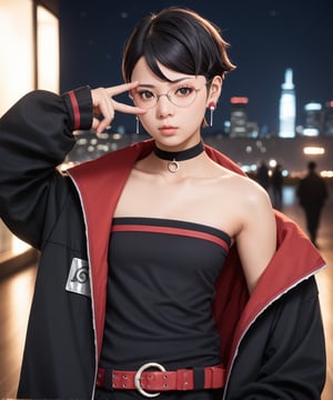 Sarada Uchiha,black hair,short hair,dark  eyes,glasses,earrings,choker,open jacket, konohagakure symbol,strapless,red belt,black shorts,v,hand up,night city,cityscape,beatiful girl,detailed skin,detailed hair,medium shot,score_9,score_8_up,score_7_up, score_6_up, score_5_up,score_4_up,photo realism