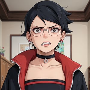 Sarada Uchiha,black hair,short hair,black eyes,glasses,earrings,choker,open jacket,upper body,disgusted face,Anime_screencap,fake_screenshot,score_9,score_8_up,score_7_up, score_6_up, score_5_up,score_4_up,source_anime,fine anime screencap,style parody,official style,anime coloring