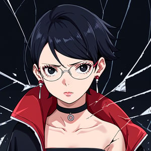 Sarada Uchiha,black hair,short hair,black eyes,glasses,earrings,choker,open jacket,shattered,crack,cracked skin,upper body,black background,Anime_screencap,fake_screenshot,score_9,score_8_up,score_7_up, score_6_up, score_5_up,score_4_up,source_anime,fine anime screencap,style parody,official style,anime coloring