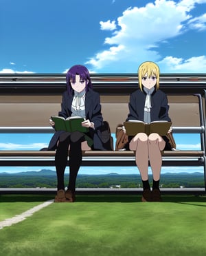 Fullmetal Alchemist Style,anime screencap,((blonde hair,purple eyes, a white blouse,black jacket,black skirt, brown shoes)),reading a book,sitting at bus stop ,8k,blue sky,clouds,(from top:1.5),
(foreground:1.5),masterpiece,intricate,intricate details,8k wallpaper,ultra high res