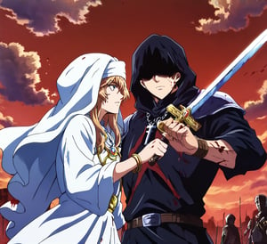 couple,(1girl priestess with a 1boy knight:1), 2others, knight,priestess,long sleeves,dark fantasy,holding, jewelry,weapon,sky,sword,cloud,hood,necklace,side view,armor,bracelet,blood,chain,cloudy sky,cross, red background,spikes,cross necklace,covered face, retro, dark mountain,dead lands,waste land, dystopian,anime_screencap,fake_screenshot,score_9,score_8_up, score_7_up, score_6_up, score_5_up,score_4_up,source_anime,fine anime screencap,style parody,official style,Visual Anime,anime coloring