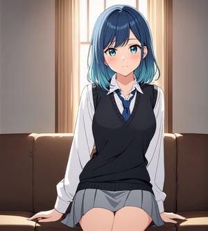 1girl, Focus Girl, Protagonist girl,sitting,Looking at viewer,solo, long hair, blush, blue eyes, closed mouth, blue hair, aqua eyes,white shirt, sweater vest, black vest, blue necktie, grey skirt,(absurdres:1.2),Anime flat color,anime style,2D,(dynamic light),(masterpiece:1.331), (highest resolution:1.2), (full quality), (Extremely beautiful and detailed:1.1), (8k, 4k, 2k), extremely detailed, CG, unity,finely detail, masterpiece, best quality, official art,extremely detailed CG unity 8k,best quality,High detailed ,Living room,Akane Kurokawa,blue hair,green eyes,medium hair,gradient hair