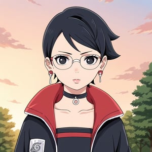 1girl,solo,looking at viewer,Sarada Uchiha,black hair,short hair,black eyes,glasses,earrings,choker,open jacket, konohagakure symbol,strapless,red belt,medium shot,sunset,clouds,trees,anime coloring,anime,hands in pockets,Anime_screencap,fake_screenshot,score_9,score_8_up,score_7_up, score_6_up, score_5_up,score_4_up,source_anime,fine anime screencap,style parody,official style,anime coloring,Visual Anime