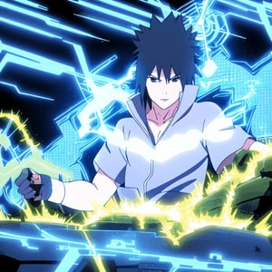 (Sasuke Uchiha:1.1),(medium shot), black hair, spiky hair, black eyes,gray shirt with short sleeves,electrokinesis, electrokinesis in his hand,(blue electricity sparks:1.1),blue electricity in his hand,Sasuke with electricity in his hand,(purple background:1)