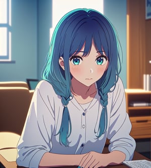 1girl, Focus Girl, Protagonist girl,Looking at viewer,solo, long hair, blush, blue eyes, shirt, closed mouth, blue hair,nail polish, aqua eyes,blue nails,(absurdres:1.2),Anime flat color,anime style,2D,(dynamic light),(masterpiece:1.331), (highest resolution:1.2), (full quality), (Extremely beautiful and detailed:1.1), (8k, 4k, 2k), extremely detailed, CG, unity,finely detail, masterpiece, best quality, official art,extremely detailed CG unity 8k,(best quality,High detailed ,Anime living room,Akane Kurokawa