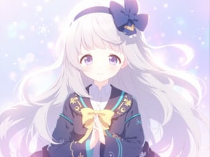 This is a digital anime-style drawing featuring a young girl with long, flowing silver hair adorned with a large, dark blue bow. Her hair cascades down her back, and she has large, expressive purple eyes that give her a gentle, innocent appearance. She is depicted in a magical, fantasy-themed outfit, which includes a high-collared, dark blue coat with gold and teal accents, and a white shirt underneath. The coat is adorned with intricate designs and a large, yellow bow at the neck. 

Her hands are clasped together in front of her chest, and she has a soft, shy smile on her face. The background is a gradient of soft, pastel hues, transitioning from light purple to blue, with scattered sparkles and snowflakes suggesting a wintry or magical setting. The lighting is soft and warm, casting a gentle glow on her face and clothing, enhancing the overall ethereal and dreamy atmosphere of the image. The drawing is highly detailed, with smooth lines and vibrant colors, characteristic of high-quality digital art in the anime genre.