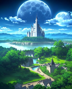 Flying black castle,castle in the sky,full moon,dark sky,night,Clouds,Below there are mountains,River