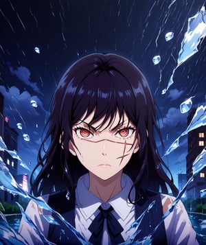 1girl,Yoru,solo,looking at viewer,serious expression,scar on face,red eyes,ringed eyes,black hair, long hair,black ribbon,black pinafore dress,upper body,cityscape,dark sky,dark clouds,wet clothes,cloudy sky,rain,water drops,storm,rainy sky,detailed background,shattered,crack,broken glass,Anime_screencap,fake_screenshot,score_9,score_8_up, score_7_up, score_6_up, score_5_up,score_4_up,source_anime,fine anime screencap,style parody,official style,anime coloring