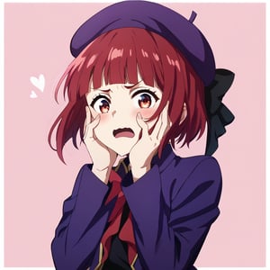 1girl,kanaschool,solo,looking at viewer,blush,embarrassed,short hair, open mouth, bangs, red eyes, long sleeves, hat, bow, jacket, heart, red hair, blunt bangs, red bow, black bow, beret, border, pink background, polka dot, white border, hands on own face, purple jacket, purple headwear, hands on own cheeks,anime_screencap,fake_screenshot,score_9,score_8_up, score_7_up, score_6_up, score_5_up,score_4_up,source_anime,fine anime screencap,style parody,official style,Visual Anime,anime coloring
