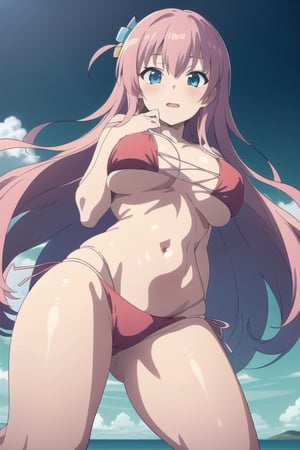 [[gotoh hitori]],[[[cross-laced bikini]]],[[sexy bikini]],[[red bikini]],[[huge breasts]],[[Sexy breasts]],[[sexy body]],[[beautiful body]],[[beautiful face]],[[Blushing]],[[Sexy legs]],bocchi style, image of a anime 1girl, cube hair ornament, solo, long hair, pink hair, hair ornament, track, blue eyes, [[On the beach]]],[[everything extremely detailed]],[[detailed details]],[[best quality]],[[16k]],[[High Quality]],[[Best LineArt]],[[High Lines]],[[Very detailed body]],[[very sexy body]],[[perfect body]],[[perfect eyes]],[[beautiful face]],[[perfect hands]],[[[dynamic stylish pose]]],gotoh hitori