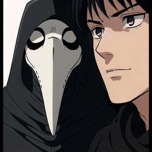 plague doctor,(Male Focus),a close up of a man with a hood, Black top hat,cloak,evil look, knight, wearing black cloak, (High Quality),[anime style],[shounen anime],[perfect shading],[anime shounen],csm anime style