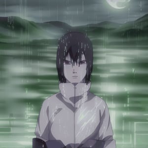 (anime screencap:1.2),Sasuke Uchiha, black hair, red eyes,black hair, spicky hair,red eyes
detailed,Sasuke Uchiha,gray shirt with short sleeves,black arm guard,
((masterpiece)), ((best quality)), ((intricate)), ((raining:1.2)),((rain:1.1)), ((raindrops)),((storm:1)),((full moon)),(huge clouds)),((dark Sky)) (looking at viewer), (expressionless), (closed mouth), (upper body), (glowing red eyes), (((dark night))), eternal mangekyou sharingan eye,flat color,anime style,2D, (highest resolution:1.2), (full quality), (Extremely beautiful and detailed:1.2), (8k, 4k, 2k), extremely detailed,finely detail, masterpiece, best quality, official art