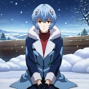 rei ayanami,short hair,blue hair,red eyes,blue coat,fur trim,black gloves,jacket,long sleeves,looking at viewer,on ground,parted lips,pocket,sitting,snow, snowing,v arms,((breathing cold air)),winter,snowing,anime_screencap,fake_screenshot,score_9,score_8_up, score_7_up, score_6_up, score_5_up,score_4_up,source_anime,fine anime screencap,style parody,official style,anime coloring,ayanami rei