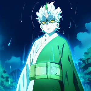 1boy,solo,male focus,Mitsuki,sage mode,short hair,floating hair,white hair,horn on forehead,pale skin,yellow eyes,facial mark,white and green kimono,wide sleeves,green belt,aqua aura,((medium shot)),rain,storm,dark sky,raindrops,konohavillage,konohagakure village,anime_screencap,fake_screenshot,score_9,score_8_up, score_7_up, score_6_up, score_5_up,score_4_up,source_anime,fine anime screencap,style parody,official style,anime coloring