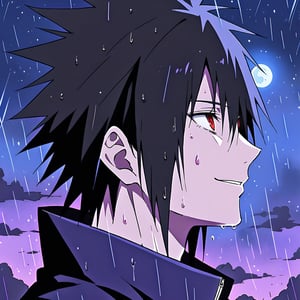 score_9,score_8,score_7,score_6,score_5,source_exl,profile,side view,looking up,close-up,Sasuke Uchiha,black hair,spiky hair,red eyes,smile,purple theme:1.1,night,night sky,moon,raining,raining at night, vibrant colors,(night wallpaper),black eyes