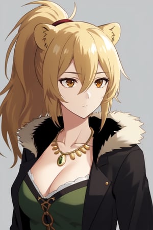 1 chia, upper body, black jacket, blonde hair, calm, fur trim jacket, lion ears, long hair, open jacket, brown eyes, black necklace, expressionless, hair between eyes, long ponytail, medium hair, medieval clothing, sideways glance, short green shirt, cleavage, big chest