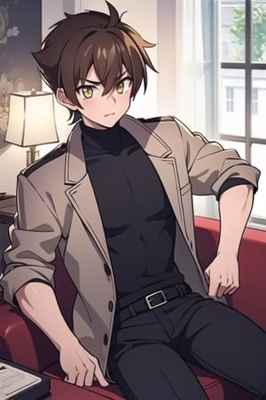 A portrait of a handsome man in a blue armored trench coat with a plain collar, short hair on the sides, brown hair, 27 years old, in the middle of a room, sitting on a black piece of furniture, night light, highly detailed, calm expression, yellow eyes shiny, wearing a black turtleneck shirt, black pants, torso photo, big muscles, defined muscles