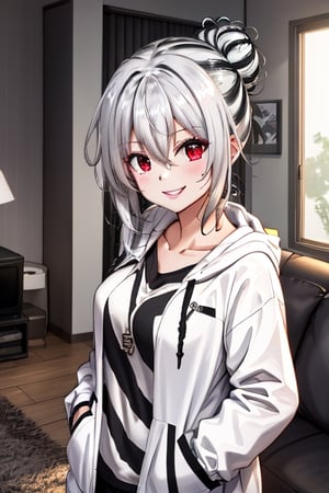 1 girl, alone, breasts, looking at viewer, smile, shirt, hair decoration, red eyes, hair between eyes, standing, collarbone, long sleeves, multi-colored hair, hoodie, hands in pockets, photos of hair, white shirt, hair in a bun, two tone hair (black and white stripes), black lines in hair, simple bun, inside a house, modern living room.