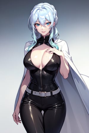 long hair, bangs, blue eyes, hair between eyes, blue hair, loose hair, looking at viewer, best quality, high resolution, perfect lighting, detailed fingers, flirty smile, long loose hair, big chest, adult woman, cape with trim leather, belted pants, admiral shirt, black pants, military suit, snowy background