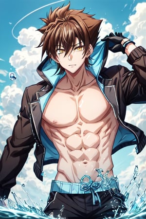 1 boy, alone, short hair, looking at viewer, upper body, yellow eyes, hair between eyes, brown hair, black shirt, ((23 years old issei_hyoudou)), issei_hyoudou, defined and marked muscles, big muscular man, long sleeves , black gloves, tall man, broad shoulders, male focus, hoodie, black sweatshirt, bright blue radiating bright BLUE light, immersing in intense blue tone energy, blue aura energy, passion, aura, ki,CLOUD,ledarraytech 