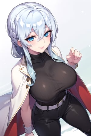 long hair, bangs, blue eyes, hair between eyes, blue hair, loose hair, looking at viewer, best quality, high resolution, perfect lighting, detailed fingers, flirty smile, long loose hair, big chest, adult woman, cape with trim leather, belted pants, admiral shirt, black pants, military suit, snowy background