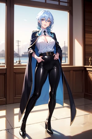 long hair, bangs, blue eyes, hair between eyes, blue hair, loose hair, looking at viewer, best quality, high resolution, perfect lighting, detailed fingers, flirty smile, long loose hair, big chest, adult woman, cape with trim leather, belted pants, admiral shirt, black pants, military suit, snowy background