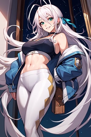 score_9,score_8_up,score_7_up,score_6_up,score_5_up,score_4_up, smile, dxdRos, white hair, antenna hair, very long hair, cyan eyes, 1 girl, solo, leggings, crop top, jacket, jean shot, a floating text '?', (soft skin)
