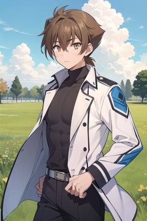 A portrait of a handsome man in a blue armored trench coat with a plain collar, short hair on the sides (Lora Issei Hyoudou), 23 years old, in the middle of a beautiful green meadow, a blue sky with a huge cloud in the background, walking light, very detailed, calm expression, bright yellow eyes, wearing a thin black turtleneck, black pants, photo of the torso, large muscles, defined muscles